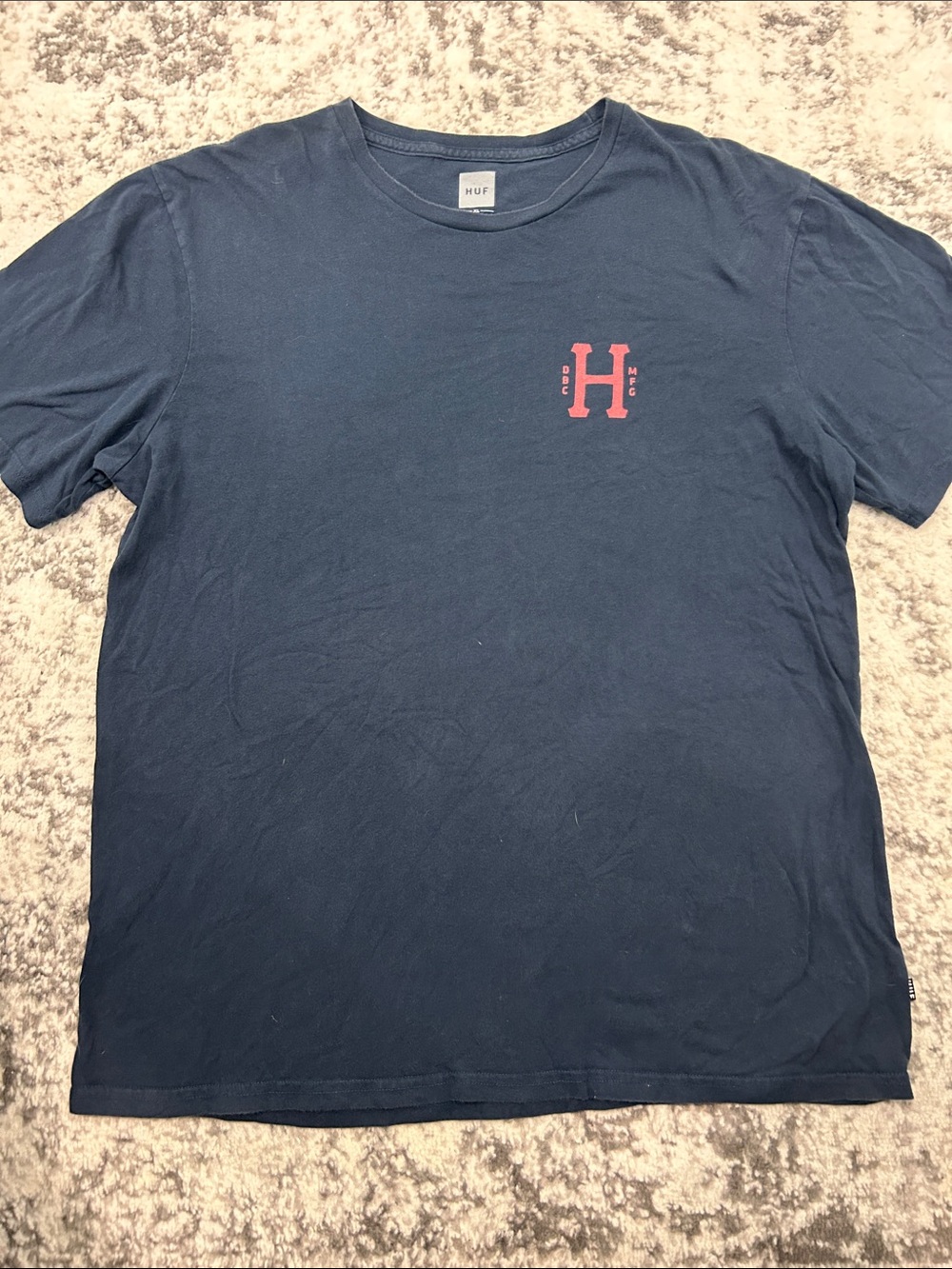 HUF Navy Tee with Red Chest 'H' Logo